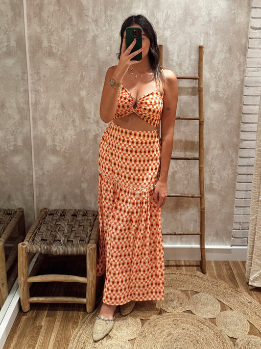 Conjunto de Saia e Top com Padrão Laranja